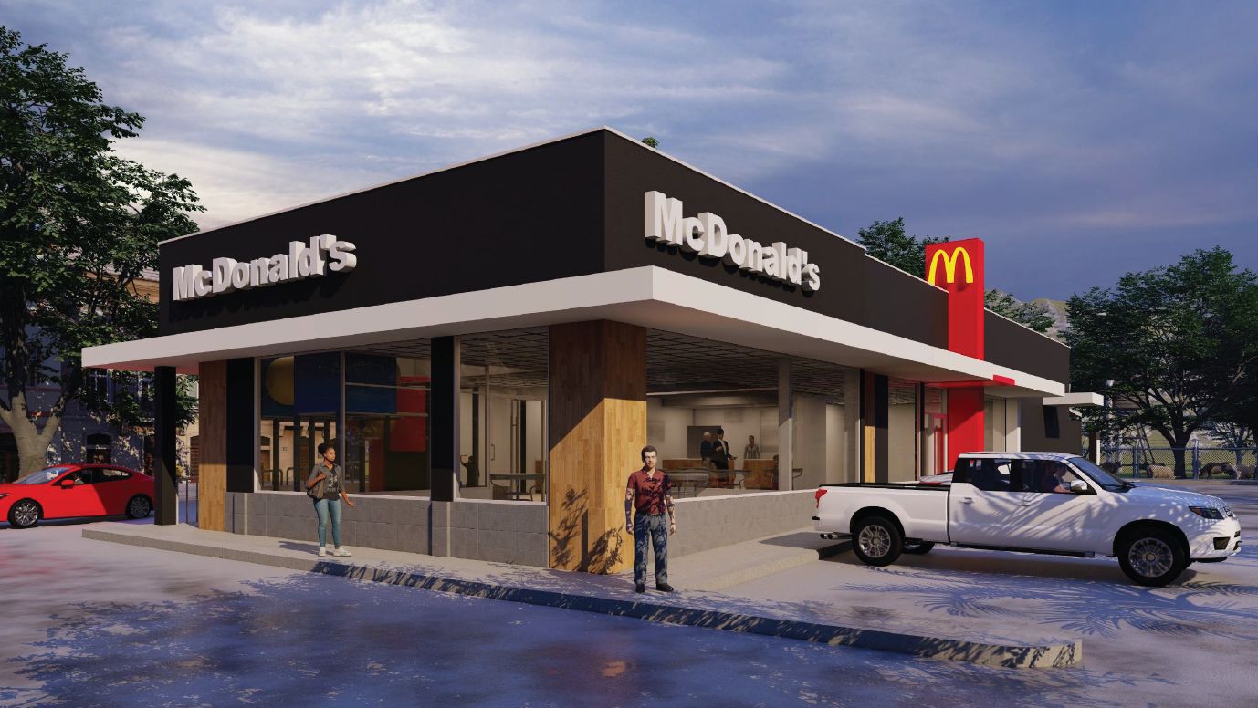 Render nocturno de un restaurante McDonald's con fachada de madera y volumen oscuro